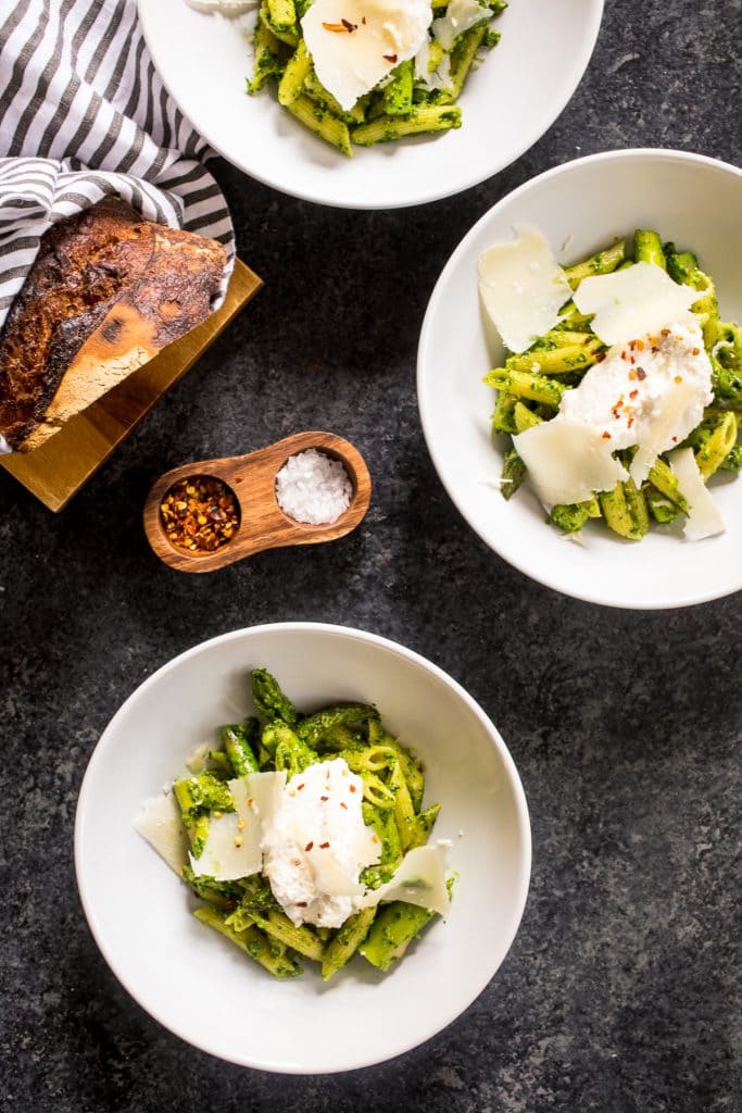 Pasta with Asparagus and Ramp Pesto | girlinthelittleredkitchen.com