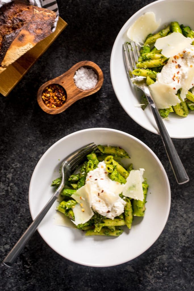 Pasta with Asparagus and Ramp Pesto | girlinthelittleredkitchen.com