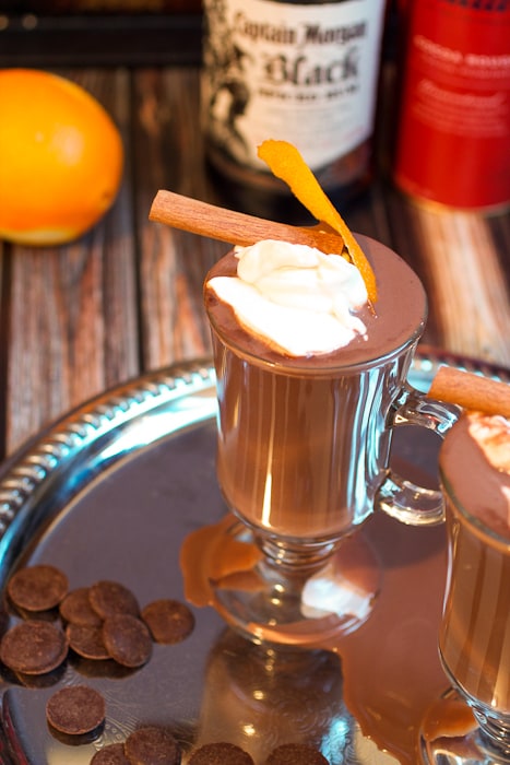 Orange Cinnamon Spiked Hot Chocolate a citrus cinnamon rum chocolate drink from The Girl In The Little Red Kitchen