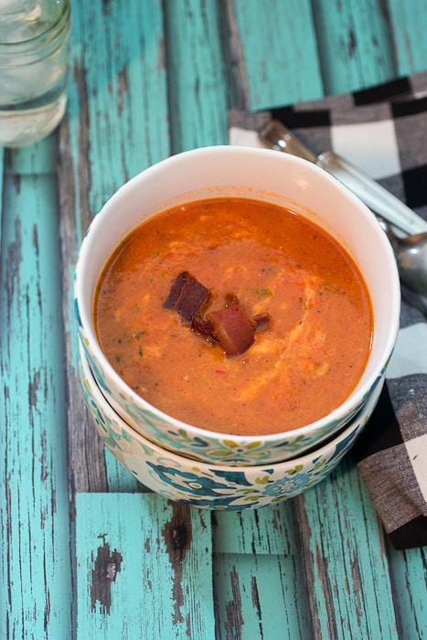 Roasted Red Pepper, Tomato and Bacon Soup from The Girl In The Little Red Kitchen