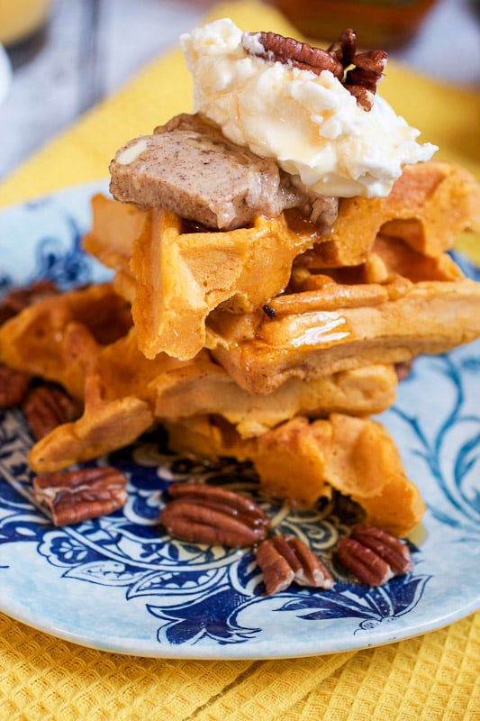 Sweet Potato Cornmeal Waffles with Bourbon Cream and Pecan Butter from The Girl In The Little Red Kitchen