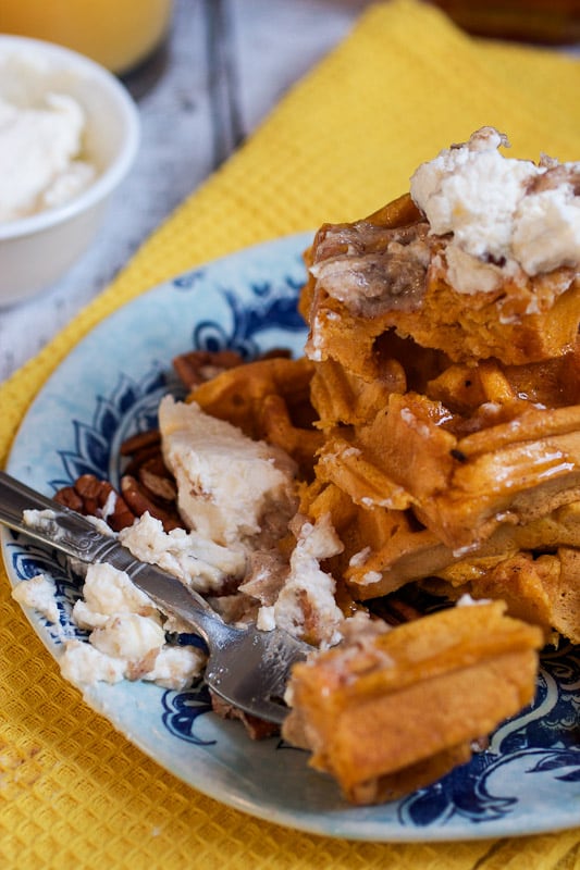 Sweet Potato Cornmeal Waffles with Bourbon Cream and Pecan Butter from The Girl In The Little Red Kitchen