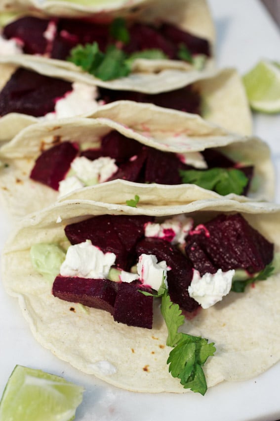 Beet and Goat Cheese Tacos with Avocado Cream for meatless Monday from The Girl In The Little Red Kitchen