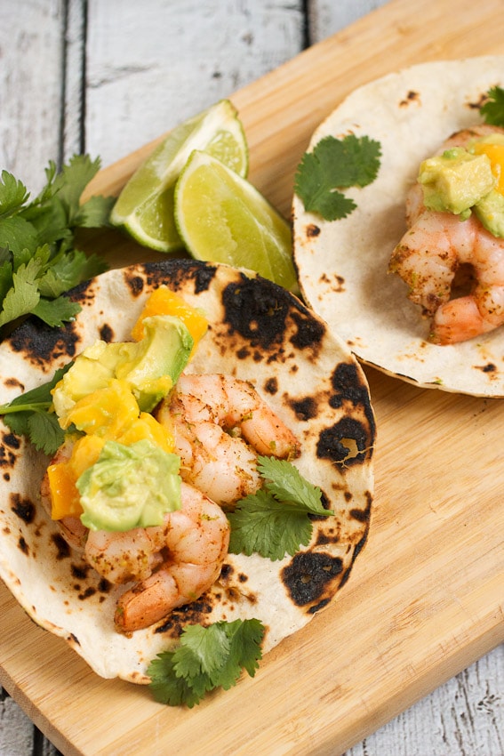 Shrimp, Avocado and Mango Tacos from The Girl In The Little Red Kitchen