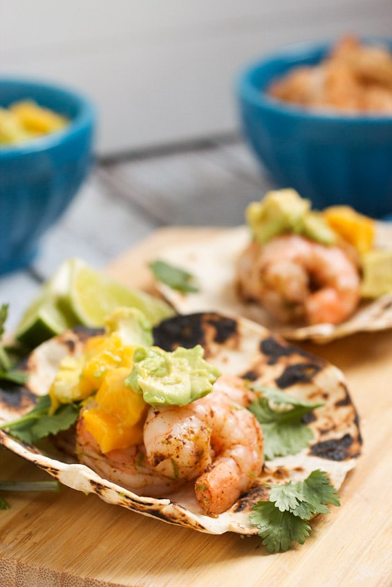 Shrimp, Avocado and Mango Tacos from The Girl In The Little Red Kitchen