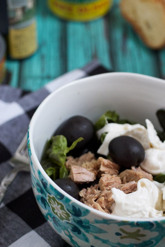 Tuna, Burrata and Black Olive Salad from The Girl In The Little Red Kitchen
