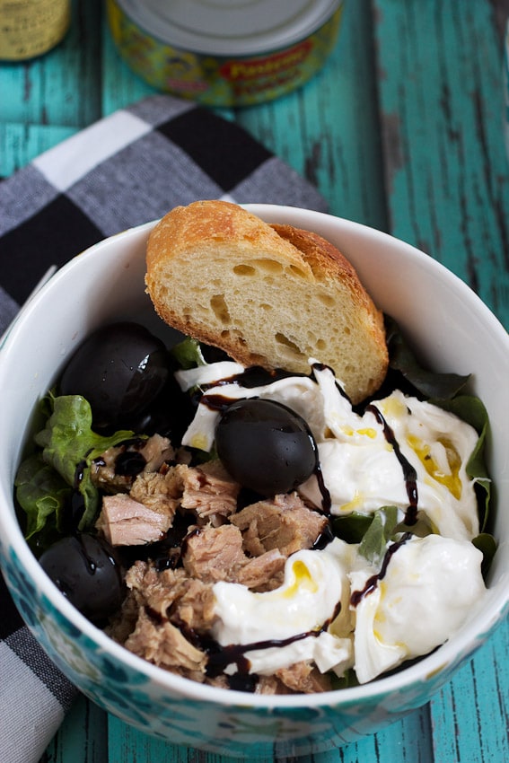 Tuna, Burrata and Black Olive Salad from The Girl In The Little Red Kitchen