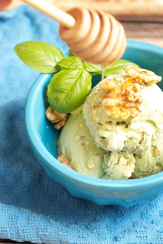 Basil, Honey and Walnut Gelato with honey drizzle from The Girl In The Little Red Kitchen