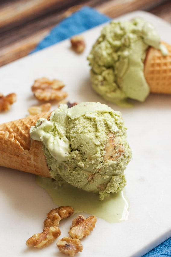 Basil, Honey and Walnut Gelato on a cone #SundaySupper #ChooseDreams from The Girl In The Little Red Kitchen
