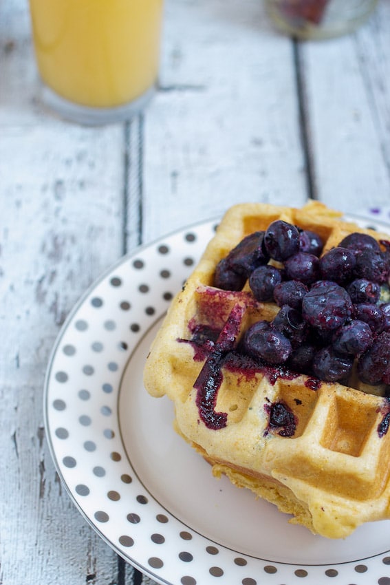Blueberry Cornmeal Waffles #brunchweek from The Girl In The Little Red Kitchen