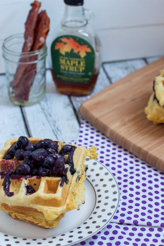 Blueberry Cornmeal Waffles from The Girl In The Little Red Kitchen