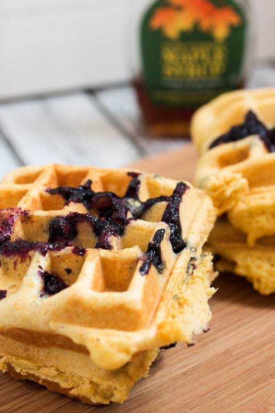 Blueberry Cornmeal Waffles from The Girl In The Little Red Kitchen