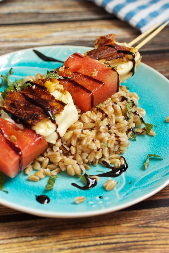 Grilled Watermelon and Halloumi Farro Salad from The Girl In The Little Red Kitchen