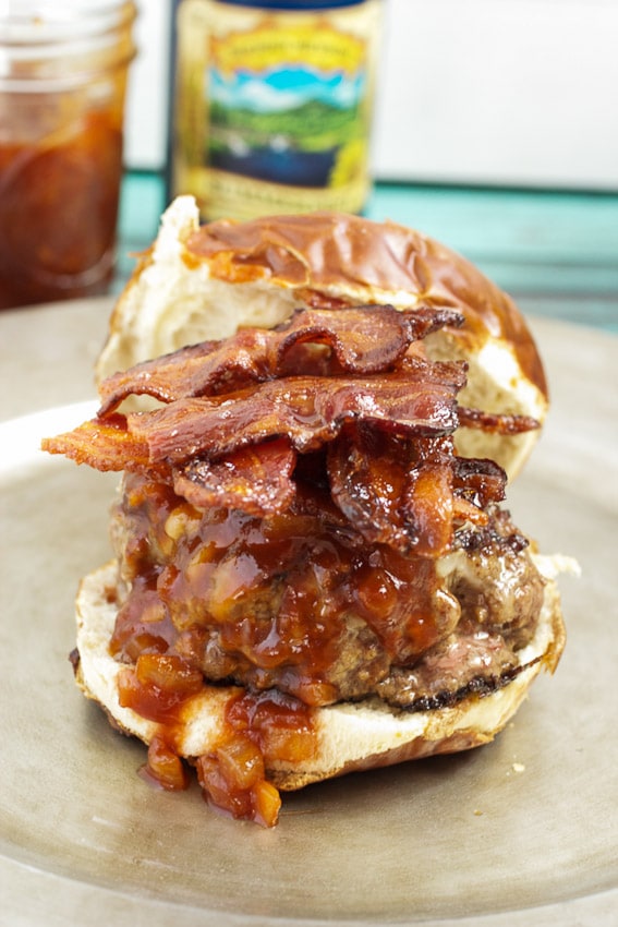 Bacon Bourbon BBQ Burgers #SundaySupper from The Girl In The Little Red Kitchen