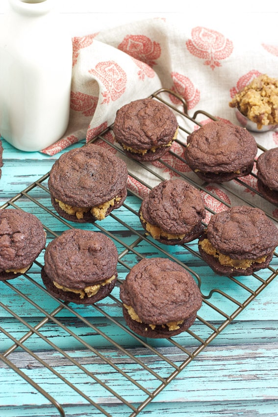 Double Chocolate Peanut Butter Cookie Dough Sandwich Cookies from The Girl In The Little Red Kitchen