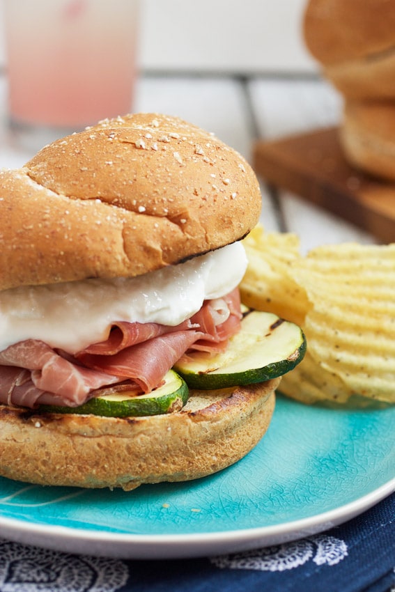 Grilled Zucchini, Prosciutto and Burrata Sandwiches from The Girl In The Little Red Kitchen