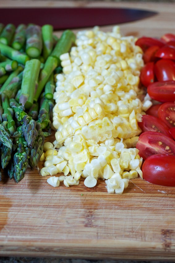 Steak Stir Fry with Asparagus, Corn and Tomatoes from The Girl In The Little Red Kitchen