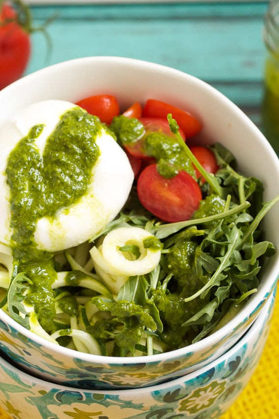 Zucchini Noodle Salad with Arugula, Burrata and Tomatoes from The Girl In The Little Red Kitchen