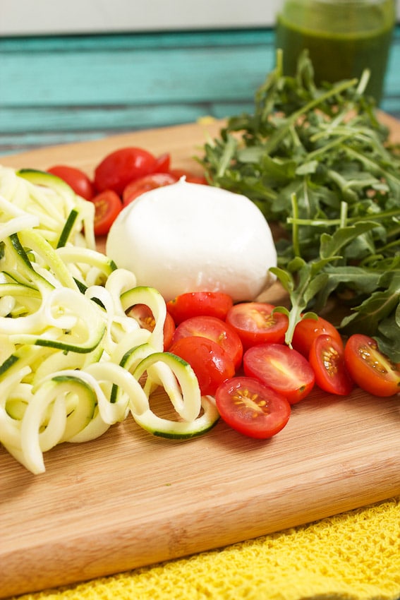 Zucchini Noodle Salad with Arugula, Burrata and Tomatoes #WeekdaySupper from The Girl In The Little Red Kitchen