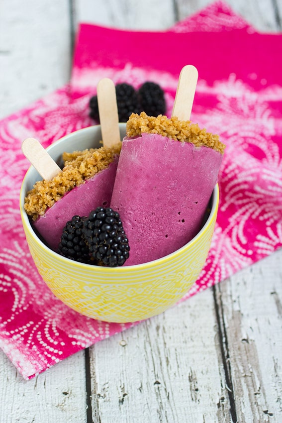 Blackberry Cheesecake Popsicles from The Girl In The Little Red Kitchen