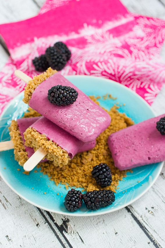 Blackberry Cheesecake Popsicles from The Girl In The Little Red Kitchen