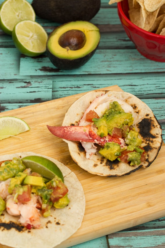 Lobster Tacos with Avocado Salsa from The Girl In The Little Red Kitchen