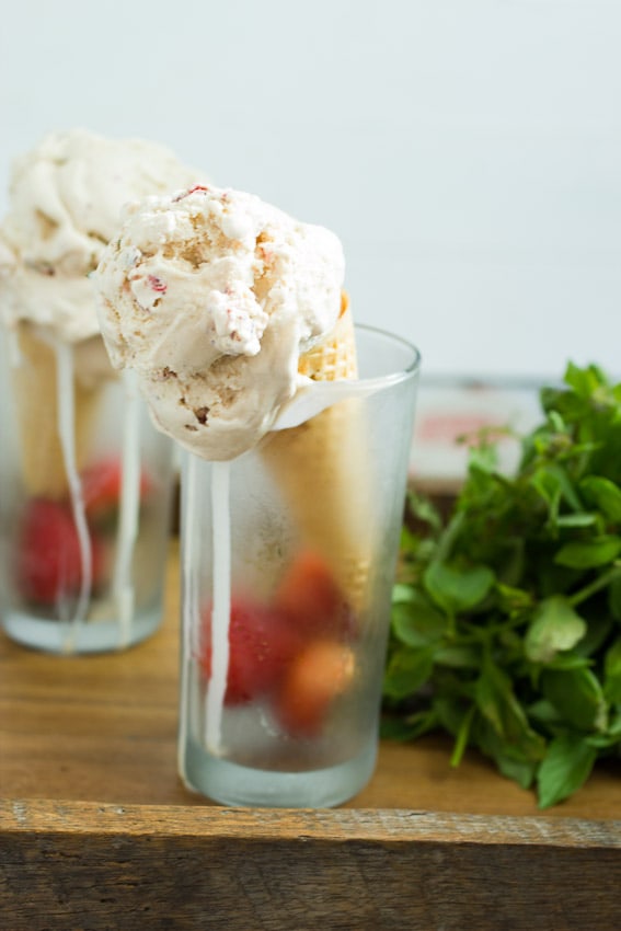 Roasted Strawberry Balsamic Basil Ice Cream | girlinthelittleredkitchen.com