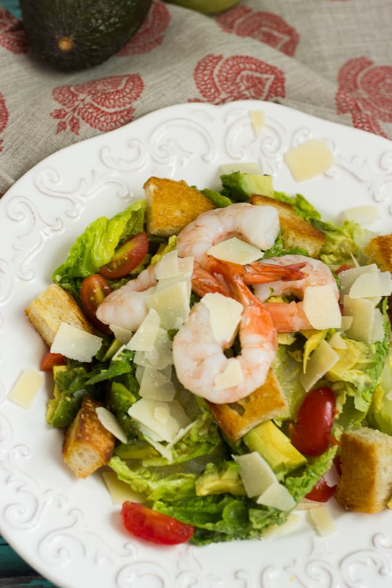 Shrimp Avocado Caesar Salad #WeekdaySupper #ChooseDreams from The Girl In The Little Red KItchen
