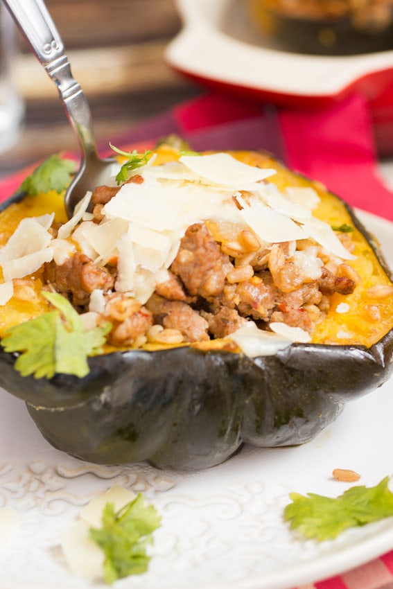 Sausage and Farro Stuffed Squash #SundaySupper from The Girl In The Little Red Kitchen
