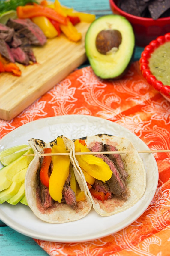 Skirt Steak Tacos with Roasted Peppers from The Girl In The Little Red Kitchen