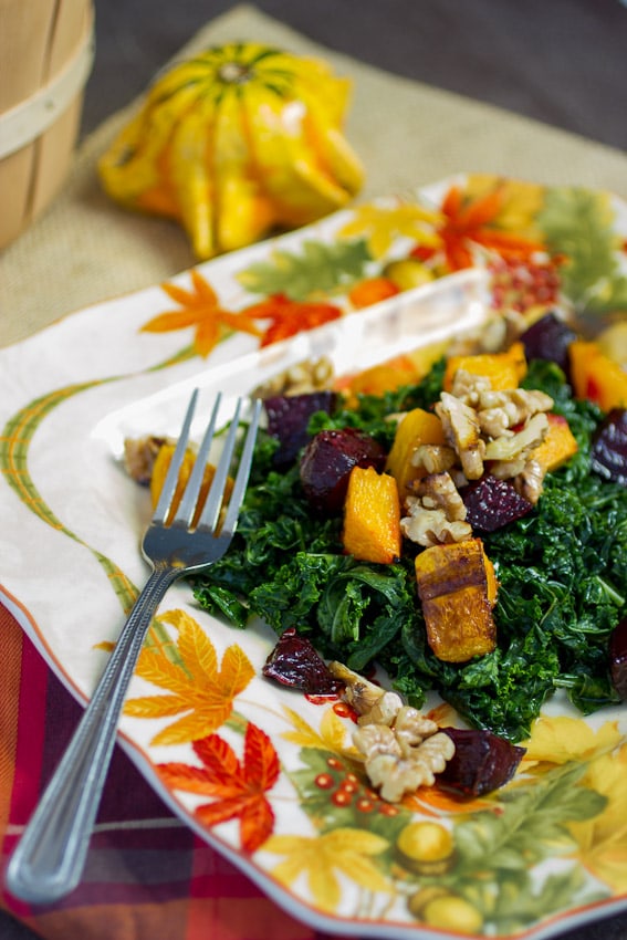 Massaged Kale Salad with Butternut Squash and Beets from The Girl In The Little Red Kitchen