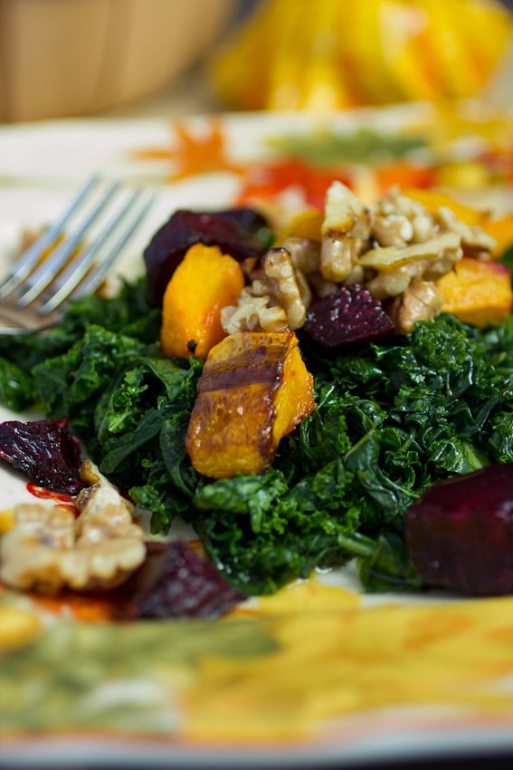 Massaged Kale Salad with Roasted Butternut Squash and Beets from The Girl In the Little Red Kitchen