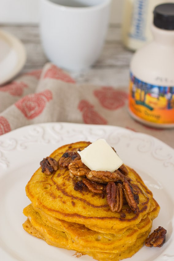 Candied Pecan Pumpkin Oat Pancakes- The Girl In The Little Red Kitchen