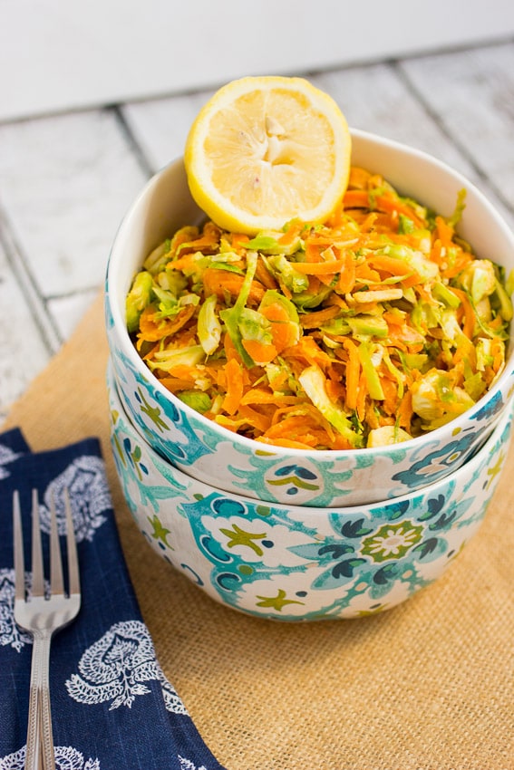 Sweet Potato Noodle and Brussels Sprouts Salad with Lemon Tahini Dressing | The Girl In The Little Red KItchen