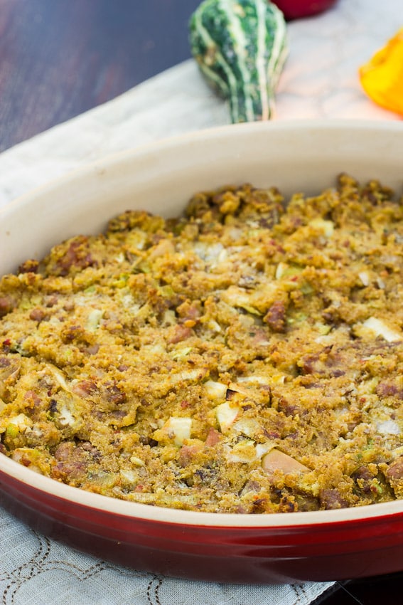 Spicy Maple Sausage Cornbread Stuffing from The Girl In the Little Red Kitchen