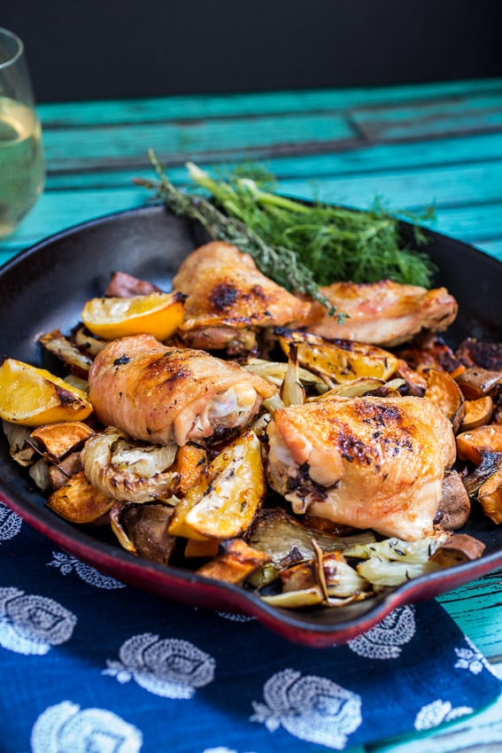 Roasted Meyer Lemon Chicken Thighs, Fennel & Sweet Potato- The Girl In The Little Red Kitchen