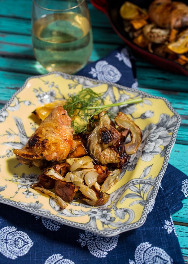 Roasted Meyer Lemon Chicken Thighs, Fennel & Sweet Potato| The Girl In The Little Red Kitchen