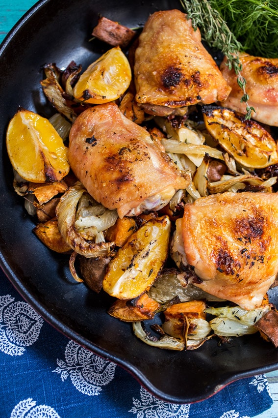 Roasted Meyer Lemon Chicken Thighs, Fennel & Sweet Potato #SundaySupper from The Girl In The Little Red Kitchen