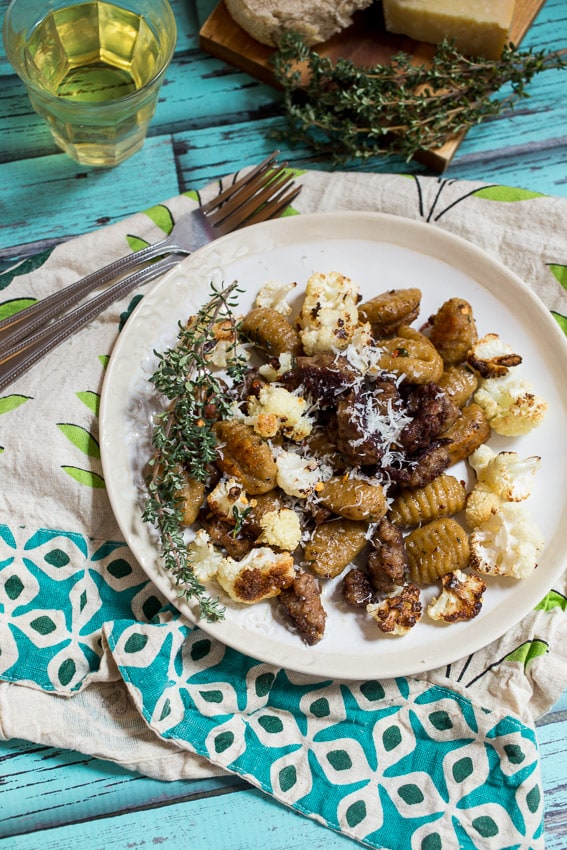 Sweet Potato Gnocchi with Sausage and Cauliflower from The Girl In The Little Red Kitchen