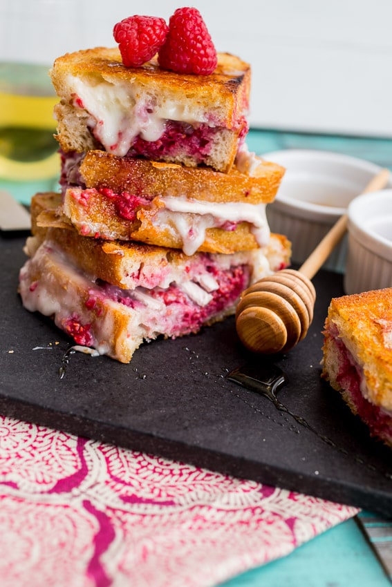 Brie Raspberry and Honey Grilled Cheese #SundaySupper from The Girl In the Little Red Kitchen