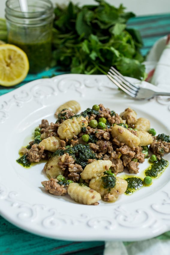 Gnocchi with Lamb, Peas and Pesto | girlinthelittleredkitchen.com