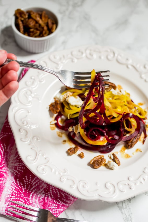 Spiralized Beet and Goat Cheese Salad | girlinthelittleredkitchen.com