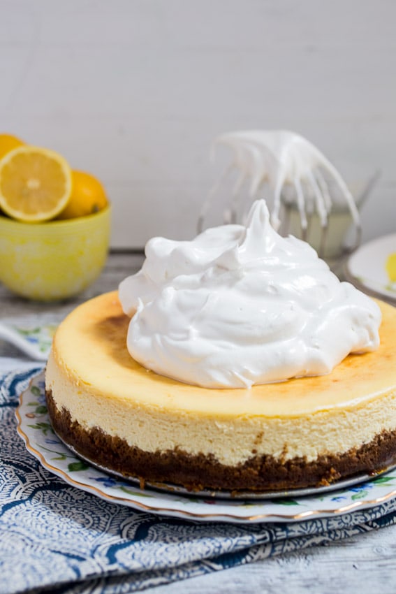 Lemon Drop Meringue Cheesecake | girlinthelittleredkitchen.com