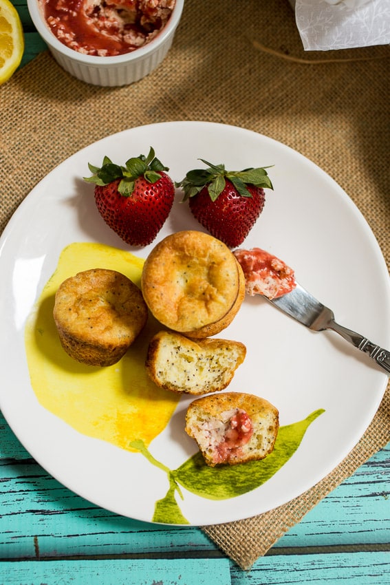Miniature Lemon Poppy Popovers with Strawberry Butter | girlinthelittleredkitchen.com
