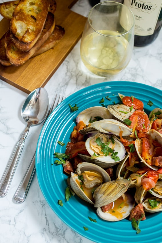 Steamed Clams with Chorizo and Tomatoes from The Girl In the Little Red Kitchen