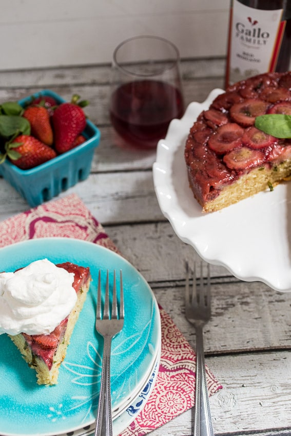Strawberry Basil Upside Down Cake | girlinthelittleredkitchen.com