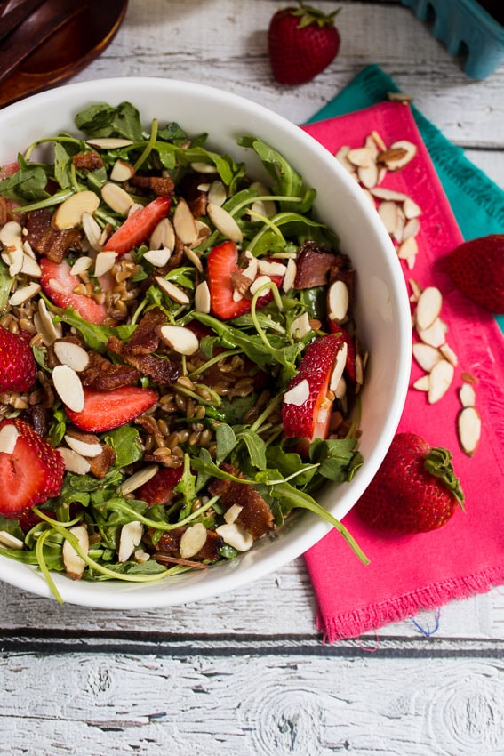 Strawberry Bacon Farro Salad from The Girl In The Little Red Kitchen