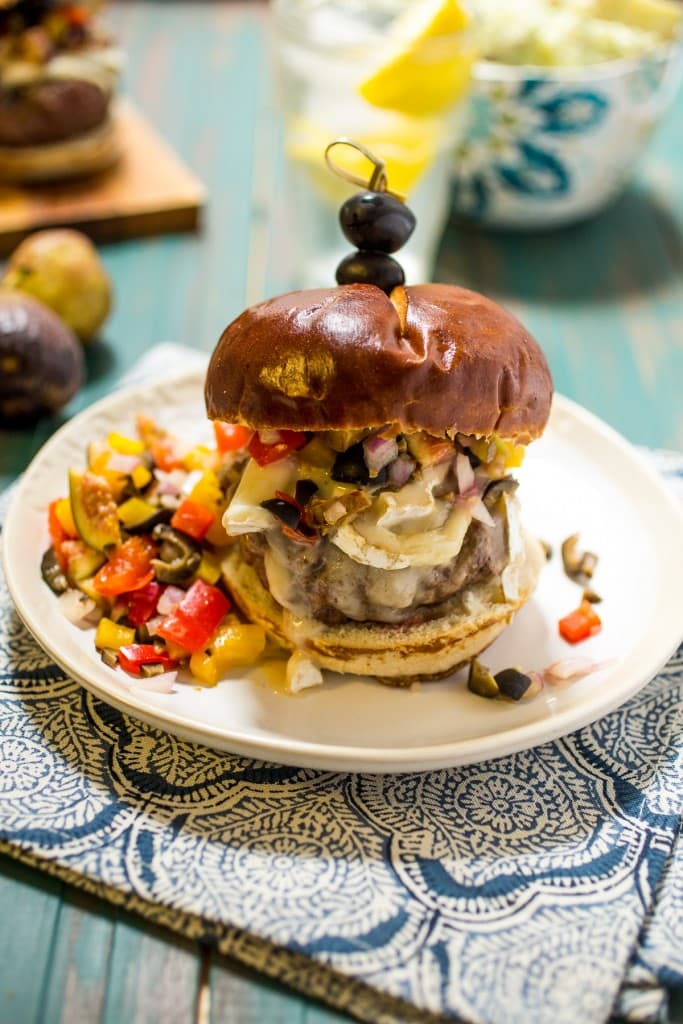 Mediterranean Brie Burger with Olive Fig Relish from The Girl In The Little Red Kitchen