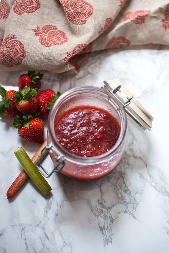 Strawberry Rhubarb Compote top this sweet tart compote on pancakes, swirl into yogurt or dollop on some vanilla ice cream | girlinthelittleredkitchen.com