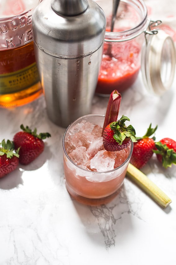 Strawberry Rhubarb Whiskey Smash | girlinthelittleredkitchen.com
